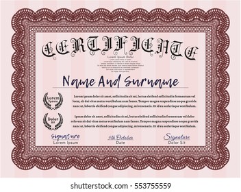 Red Sample certificate or diploma. Vector illustration. Printer friendly. Money design. 
