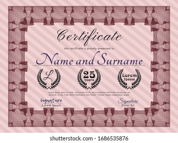 Red Sample Certificate. With great quality guilloche pattern. Lovely design. Vector illustration. 
