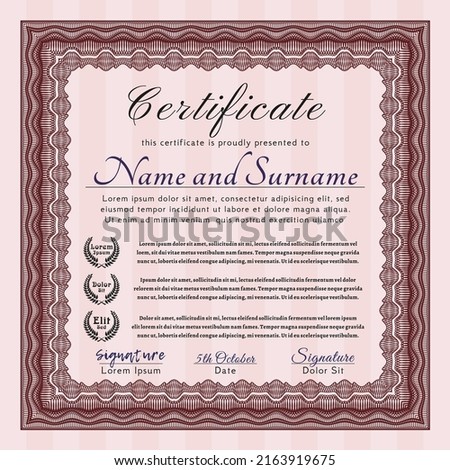 Red Sample Certificate.  Lovely design.  With background.  Detailed. 