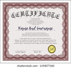 Red Sample Certificate. Money style design. Complex background. Customizable, Easy to edit and change colors. 