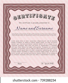 Red Sample Certificate. Money style design. Vector illustration. With guilloche pattern and background. 