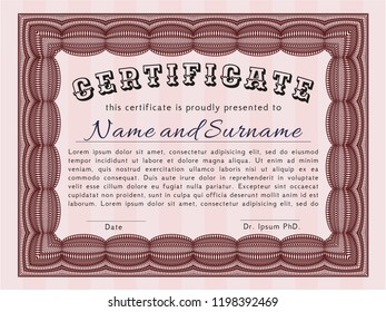 Red Sample Certificate. Retro design. With guilloche pattern and background. Vector illustration. 