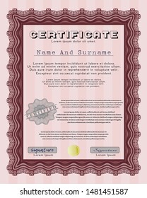 Red Sample Certificate. Sophisticated design. With complex background. Vector illustration. 
