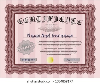 Red Sample Certificate. Vector illustration. With great quality guilloche pattern. Sophisticated design. 
