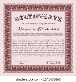 Red Sample Diploma. With guilloche pattern. Good design. Detailed. 