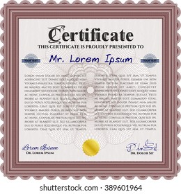 Red Sample Diploma. With linear background. Frame certificate template Vector. Modern design. 