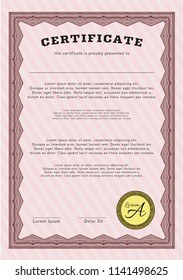 Red Sample Diploma. Money Pattern design. Vector illustration. With background. 