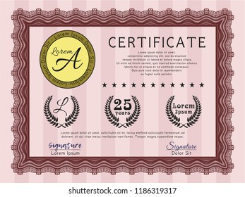 Red Sample Diploma. Sophisticated design. Vector illustration. With guilloche pattern. 