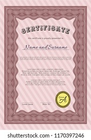 Red Sample Diploma. Vector illustration. With guilloche pattern. Cordial design. 