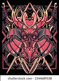 red samurai robot helmet with cross katana and trident sacred geometry background