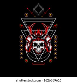 Red samurai skull helmet with sacred geometry For Wallpaper, Banner, T-shirt, Poster, Hoodie, Tottebag, Background, Card, Book Illustration, And Web Landing Page