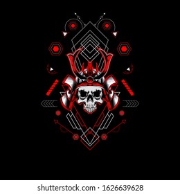 Red samurai skull helmet with sacred geometry For Wallpaper, Banner, T-shirt, Poster, Hoodie, Tottebag, Background, Card, Book Illustration, And Web Landing Page