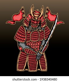 Red samurai warrior illustration. Premium vector