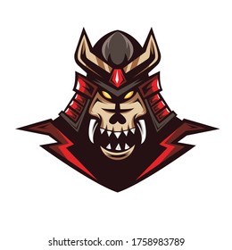 Red Samurai Krieger Maskottchen Logo Design Vektor mit modernen Illustrations-Konzept Stil für Abzeichen, Emblem und T-Shirt-Druck. Wütende Samurai-Krieger-Illustration für Sport- und E-Sport-Team.
