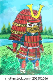 red samurai with weapon painting background