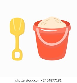 Red sand bucket and yellow kid shovel in flat style. Summer beach design elements. 