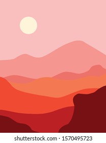 Red sand dunes with mountains in the distant minimalist landscape nordic design pink sky