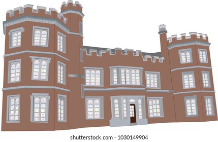 A Red Sandstone English Manor House from the Sixteenth Century with Battlements,Towers and Leaded Glass Windows isolated on White