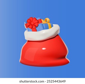 Red Santa bag filled with wrapped gifts on a blue background. 3D illustration for Christmas celebration and holiday design.