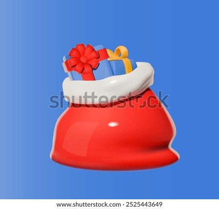 Red Santa bag filled with wrapped gifts on a blue background. 3D illustration for Christmas celebration and holiday design.