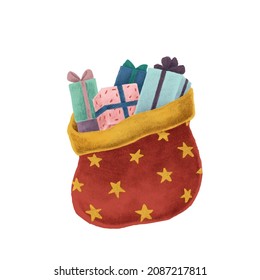 Bolsa de santa roja con elementos de regalo para la celebración de Navidad. El saco de Santa Claus está lleno de regalos. Feliz Navidad y feliz año nuevo. Ilustración del vector