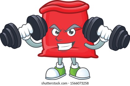 Red santa bag open with bring barbell cartoon
