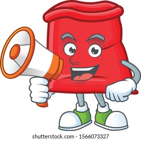 Red santa bag open with holding megaphone cartoon