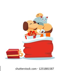 Red Santa Claus bag with christmas presents on white background with cat sleeps on dog, hamster sleeps on cat. Multicolored gift boxes are decorated with bows. Flat cartoon style vector illustration.