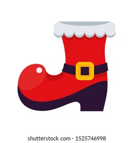 Red Santa Claus boot with gifts, treats and christmas tree. Celebration of Merry Christmas and New Year. For Holiday Greeting cards, banners, tags and labels.