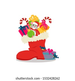 Red Santa Claus boot with gifts and cute mouse, birds. Celebration of Merry Christmas and New Year. For Holiday Greeting cards, banners, tags and labels.