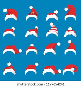 Red Santa Claus fluffy hat or cap set. Collection of accessory for xmas and New Year celebration. Winter holiday. Part of traditional cotume. Vector illustration in cartoon style