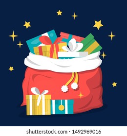 Red Santa Claus gift bag vector isolated. Gift box in the sack, surprise for a christmas. Traditional holiday decoration. Full bag.