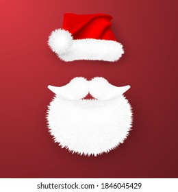 Red Santa Claus hat and Santa beard on red background. Vector illustration.