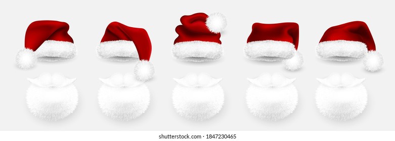 Sombrero rojo de Santa Claus y barba de Santa sobre fondo blanco. Ilustración vectorial.