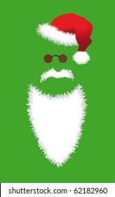 Red Santa Claus Hat, beard and glasses. Vector illustration isolated on green background.