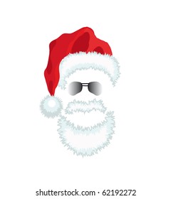 Red Santa Claus Hat, beard and glasses. Vector illustration isolated on green background.