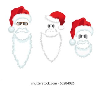 Red Santa Claus Hat, Beard And Glasses. Vector Illustration Isolated On Green Background.