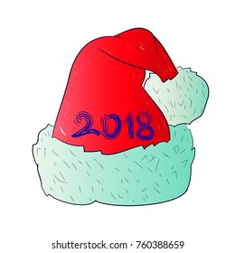 Red Santa Claus hat, cartoon on white background, vector