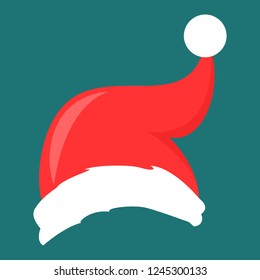 Red Santa Claus hat for christmas party celebration vector. December holiday element. White fur. Funny photobooth accessory illustration.