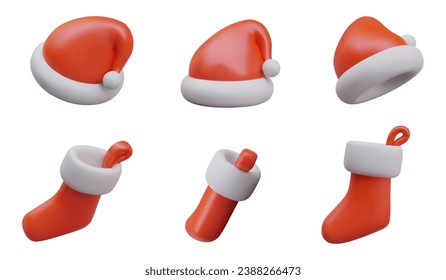 Red Santa Claus hat and Christmas stocking for gifts. Vector objects, view from different sides. Set of realistic color illustrations. Concept of winter gifts, bonuses