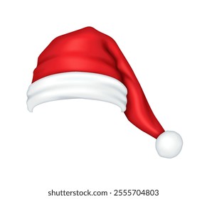 Red Santa Claus hat for Christmas celebration realistic vector illustration. Winter holiday season evoking warmth 3d object on white