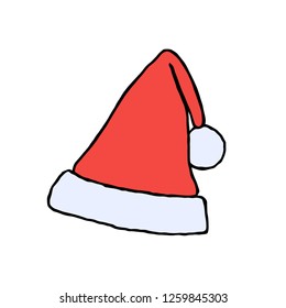 Red Santa Claus hat with fluffy fur pompon isolated on white background. Vector illustration