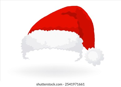 Red Santa Claus hat with fluffy white trim and pom pom on a white background. New Year Christmas