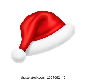 Red Santa Claus hat with fur trim decor realistic vector illustration object. Christmas masquerade clothing attribute 3d model on white background