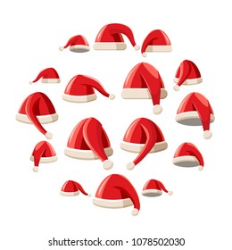 Red Santa Claus hat icons set in cartoon style. Santa hats set collection vector illustration