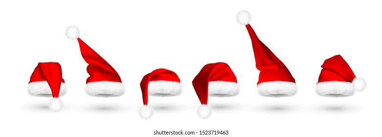 Red Santa Claus hat isolated on white background. Gradient mesh Santa Claus cap with fur. Vector illustration.