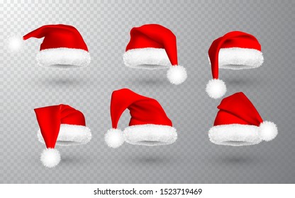 Red Santa Claus hat isolated on transparent background. Gradient mesh Santa Claus cap with fur. Vector illustration.