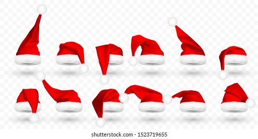 Red Santa Claus hat isolated on transparent background. Gradient mesh Santa Claus cap with fur. Vector illustration.