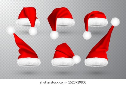 Red Santa Claus hat isolated on transparent background. Gradient mesh Santa Claus cap with fur. Vector illustration.