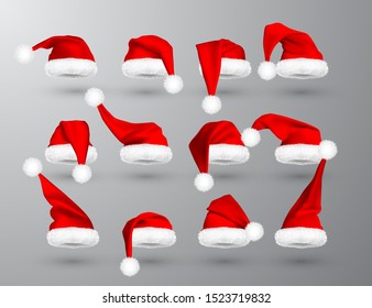 Red Santa Claus hat isolated on gray background. Gradient mesh Santa Claus cap with fur. Vector illustration.